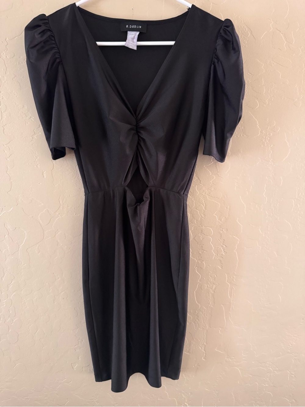 B Darlin Black V-Neck Twist-Front Midi Dress with Puff Sleeves